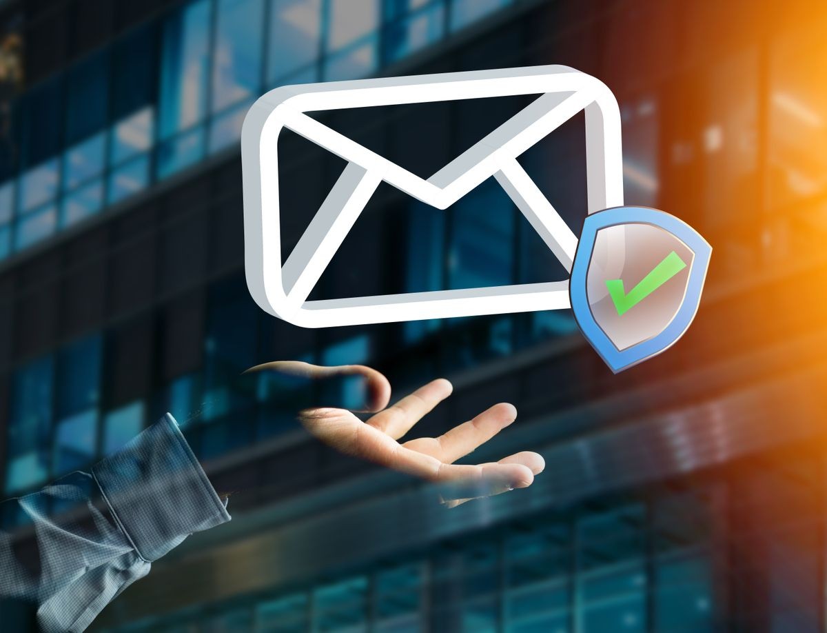 View of a Approved and verified Email symbol displayed on a futuristic interface - Message and internet concept