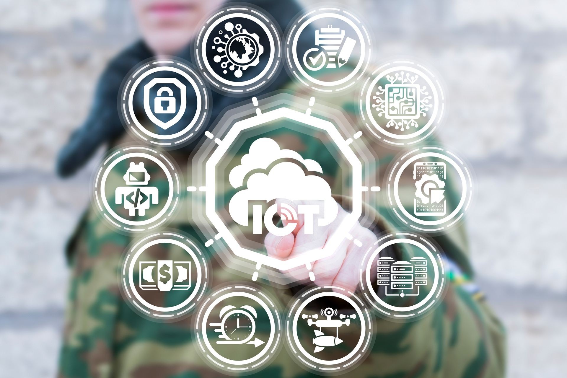 Soldier pushing a button iot with cloud on a virtual panel. Internet of things cloud computing military information technology.
